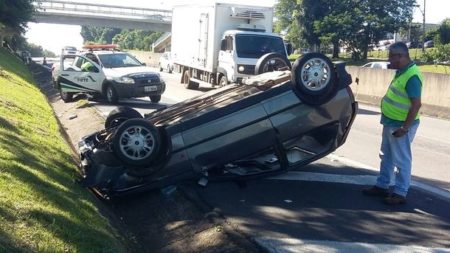 Motorista perde controle e capota no SP-101
