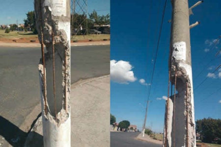 Poste danificado preocupa motoristas e pedestres em Hortolândia