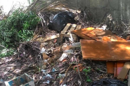 Internauta denuncia lixo e entulho em calçada de escola em Hortolândia