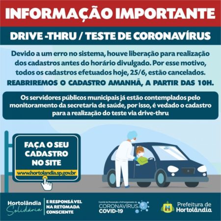 Prefeitura de Hortolândia abrirá novo cadastro para drive-thru dos testes rápidos, nesta sexta-feira (26/06)