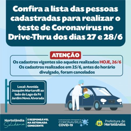 Confira lista de pessoas cadastradas para o primeiro drive-thru de testes rápidos em Hortolândia