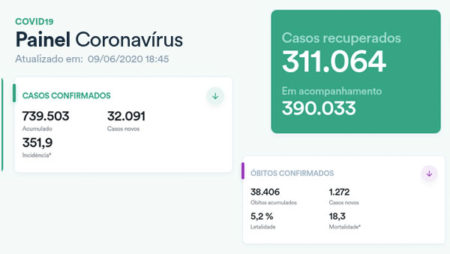 Coronavírus Brasil: 739.503 casos confirmados, 38.406 mortes e 311.064 curados