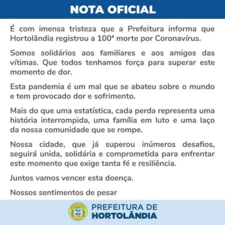 Hortolândia decreta luto oficial em memória das 100 vítimas da COVID-19 no município