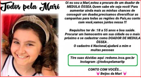 Garota de 10 anos precisa de doador de Medula óssea