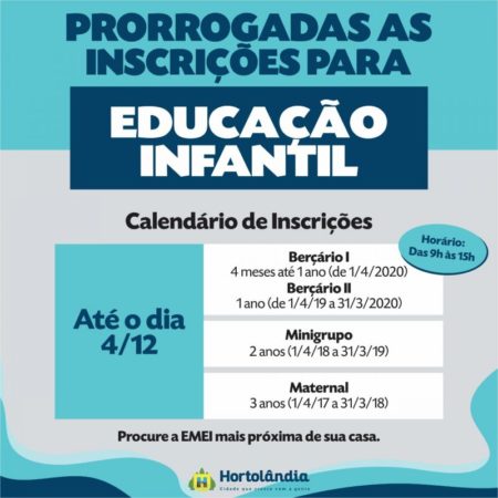 Prorrogadas inscrições de novos alunos para ingresso na Educação Infantil 2021 na Rede Municipal