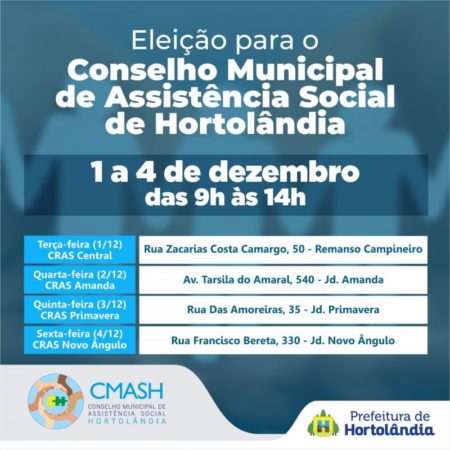 Eleições para o Conselho Municipal de Assistência Social começam na terça-feira (01/12)