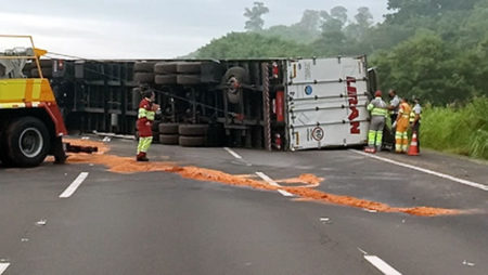 Carreta capota em rodovia de Campinas