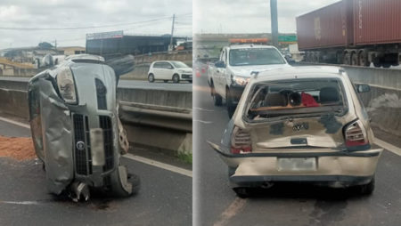 Carro capota na via Anhanguera após engavetamento de veículos