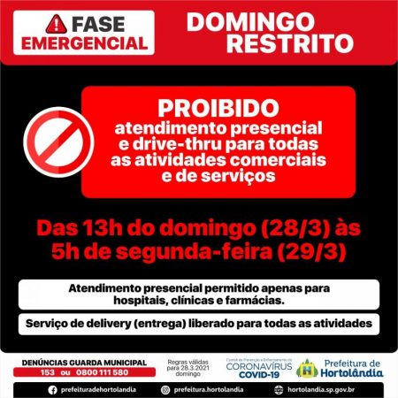 Neste domingo (28/03), somente farmácias, hospitais, clinicas e similares poderão atender presencialmente em Hortolândia