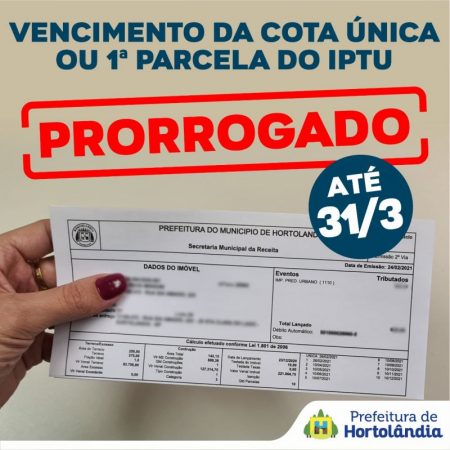 Prazo para pagamento da cota única ou 1ª parcela do IPTU termina nesta quarta-feira (31/03)