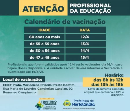 Profissionais da Educação de Hortolândia começam a ser vacinados nesta segunda-feira (12/04)