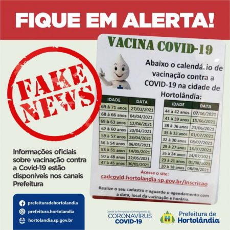 Prefeitura de Hortolândia alerta população sobre fake news com datas de vacinação contra a COVID-19
