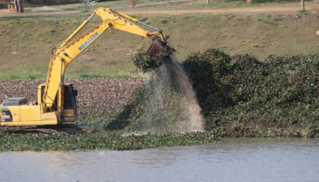 Limpeza do espelho d’água da lagoa do Pq. Remanso das Águas prossegue