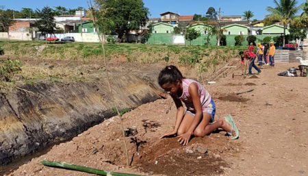 Plantio de mudas de árvores em área de preservação do Ribeirão Jacuba