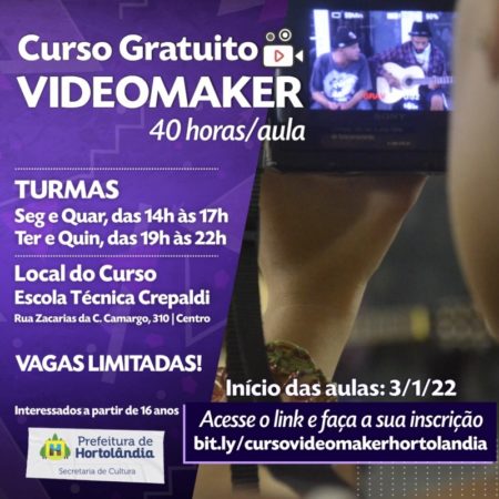 Estão abertas as inscrições para curso de videomaker oferecido gratuitamente pela Prefeitura de Hortolândia
