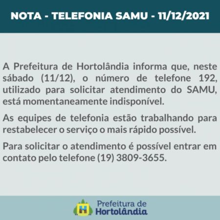 Nota – telefone 192 do Samu em manutenção