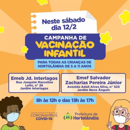 Prefeitura fará mutirão de vacina contra Covid-19 para crianças até 11 anos em escolas municipais, neste sábado (12/02)