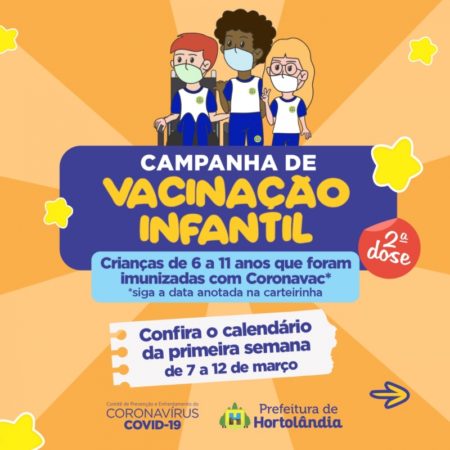 Prefeitura começa a aplicar dose 2 da Coronavac em crianças de 6 a 11 anos a partir desta segunda-feira (07/03)