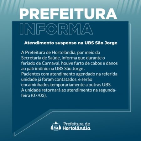 Atendimento suspenso na UBS São Jorge