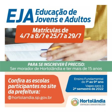 Segunda etapa de inscrições para a Educação de Jovens e Adultos em Hortolândia acaba nesta sexta (29/07)