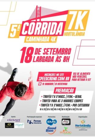 Inscrições para a Corrida 7k Hortolândia acontecem nesta quarta-feira (31/08)