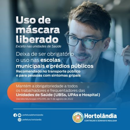 Com exceção das unidades de Saúde, uso de máscaras deixa de ser obrigatório nos prédios públicos da Prefeitura de Hortolândia
