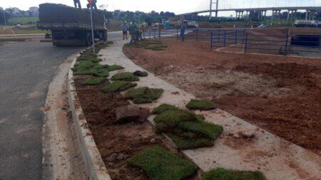 Começa plantio de grama no talude próximo à nova rotatória da Estrada Sabina