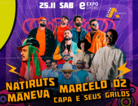 Ingressos já estão à venda para shows de Natiruts, Marcelo D2 e Maneva, na Expo D. Pedro, em Campinas