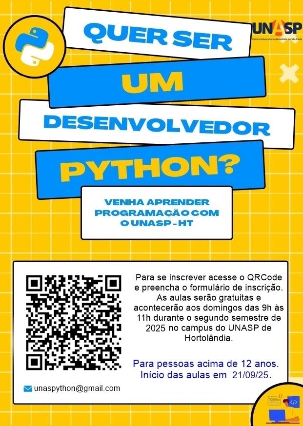 Curso Python gratuito em Hortolândia: inscrições abertas no UNASP-HT