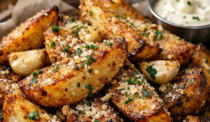 Batatas rústicas com alho parmesão e ervas crocantes por fora e macias por dentro