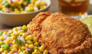 Frango crocante com vinagrete de milho leve e saboroso