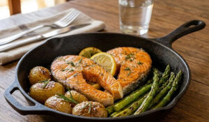 Postas de Salmão ao Limão com Aspargos e Batatas Assadas