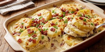 Batata recheada na travessa cremosa