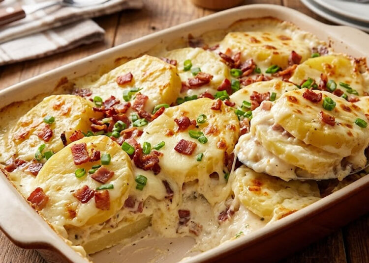 Batata recheada na travessa cremosa