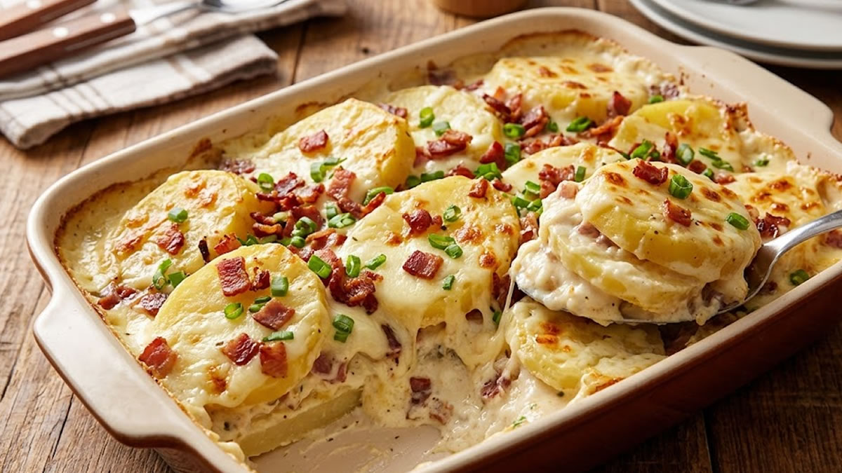 Batata recheada na travessa cremosa