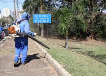 Trabalhadores roçando mato e recolhendo folhas na Praça Arautos da Paz