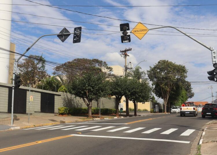 Semáforos com botoeiras e sinalização no cruzamento da Avenida das Andorinhas
