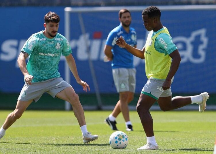 Jogadores do Palmeiras treinando
