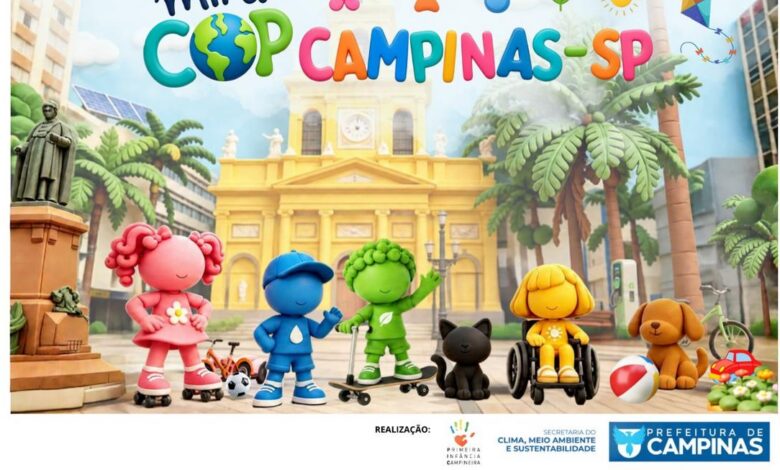 Crianças e educadores em estações interativas sobre meio ambiente e mudanças climáticas na MiniCOP de Campinas