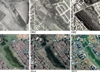 Evolução do bairro Parque Industrial entre 1940 e 2023 na região do Parque Linear Piçarrão