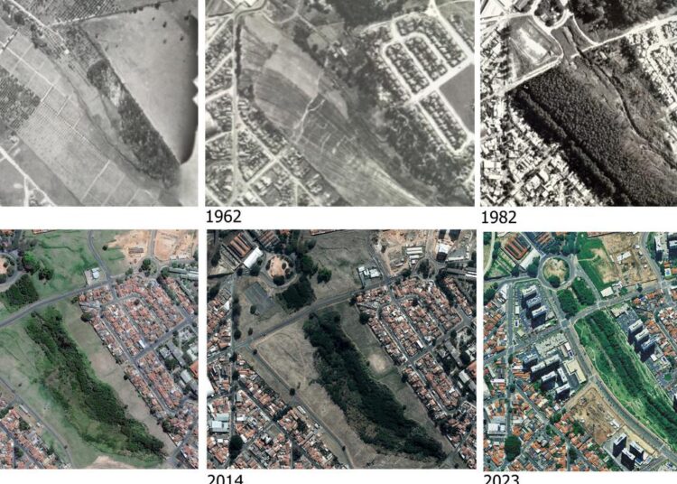Evolução do bairro Parque Industrial entre 1940 e 2023 na região do Parque Linear Piçarrão