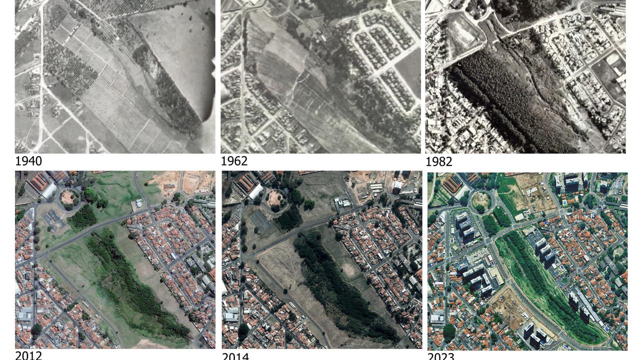Evolução do bairro Parque Industrial entre 1940 e 2023 na região do Parque Linear Piçarrão