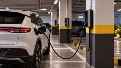 Carros elétricos em estacionamento de condomínio