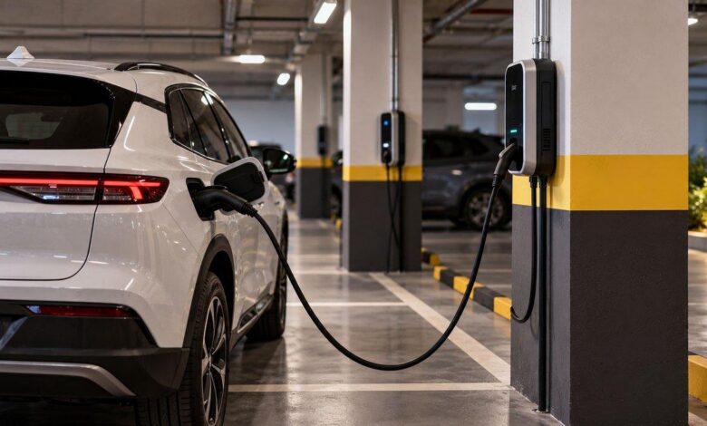 Carros elétricos em estacionamento de condomínio