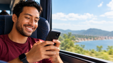 Ilustração da compra digital de passagens rodoviárias