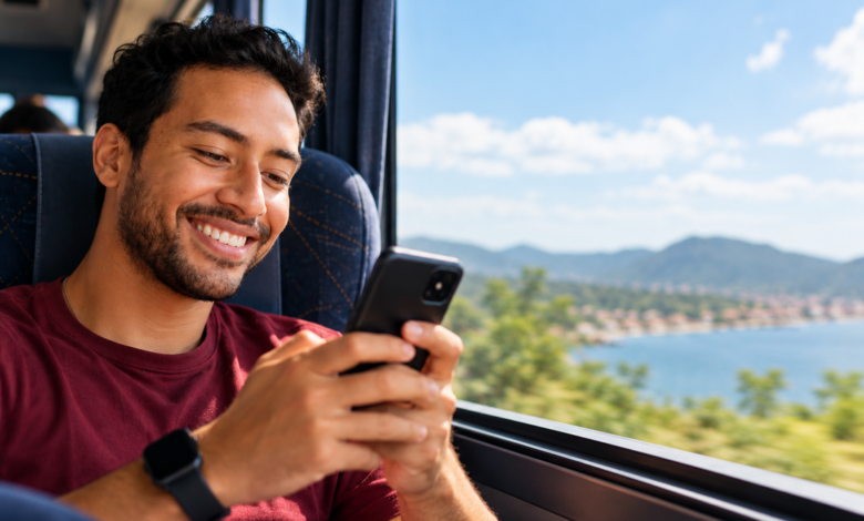 Ilustração da compra digital de passagens rodoviárias