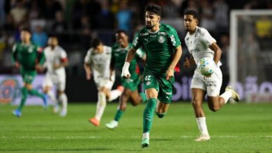 Jogadores em ação durante o clássico entre Santos e Palmeiras