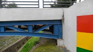 Renovação da pintura da régua comunitária do nível da água com sinalização colorida